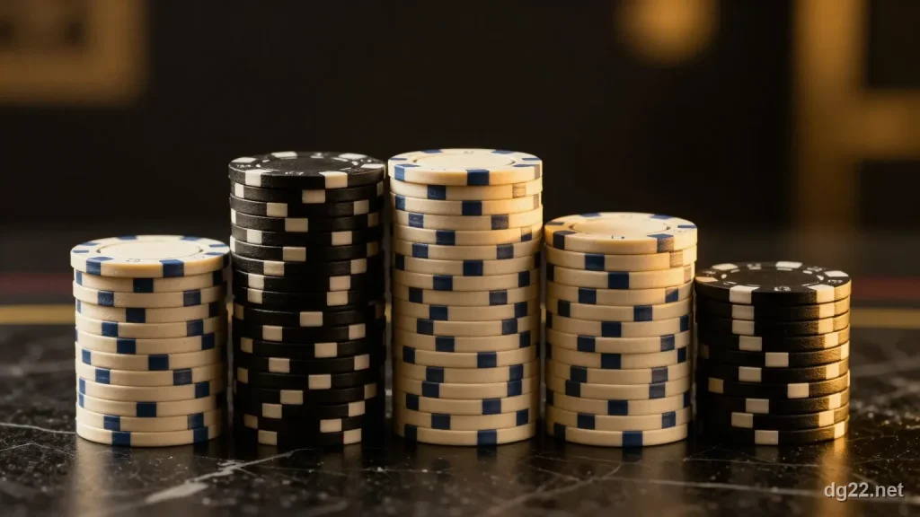 五疊高低不同的黑金籌碼並列，象徵五家真人廳規格比較