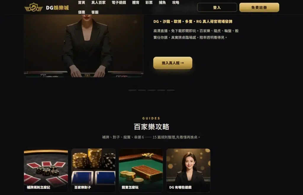 百家樂最常開幾點?八副牌全枚舉:贏家有 80.9211% 是靠 6~9 點贏的——而閒家的平均點數比莊家還高 0.0120 點 2 DG娛樂城首頁真人館輪播與下方「百家樂攻略」區塊,列出補牌規則怎麼記、百家樂對子、龍寶怎麼玩、DG有哪些遊戲四張文章卡,說明站上已累積 15 篇百家樂規則整理