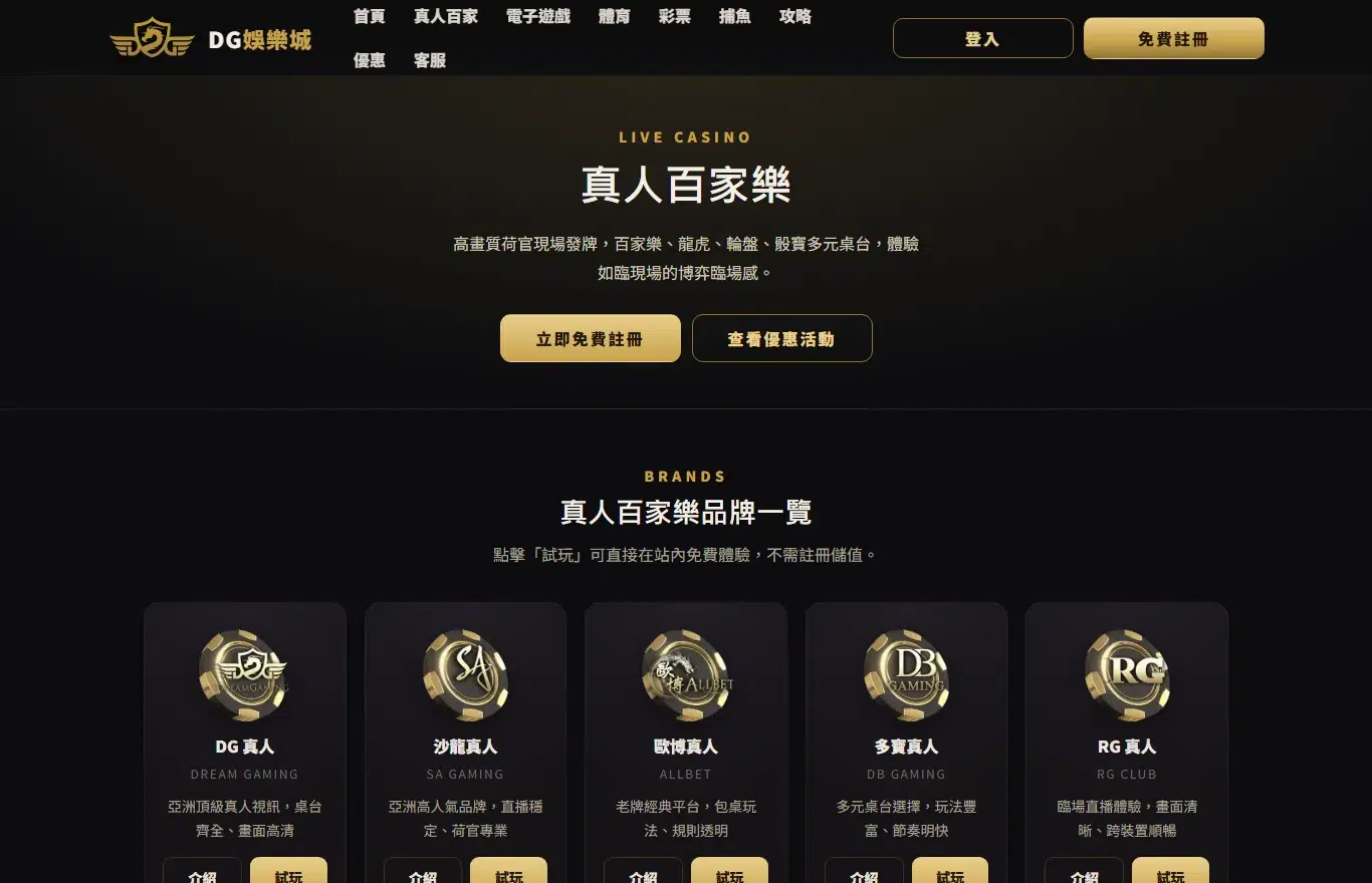 牛牛百家樂怎麼玩?8 副 416 張全枚舉:34.4560% 的牌根本沒有牛,而牛十比牛九更常見 14.01% 3 dg22.net 真人百家樂頁面的品牌一覽區塊截圖,DG真人、沙龍真人、歐博真人、多寶真人、RG真人五張金色籌碼卡片並排,每張下方各有「介紹」與「試玩」兩個按鈕