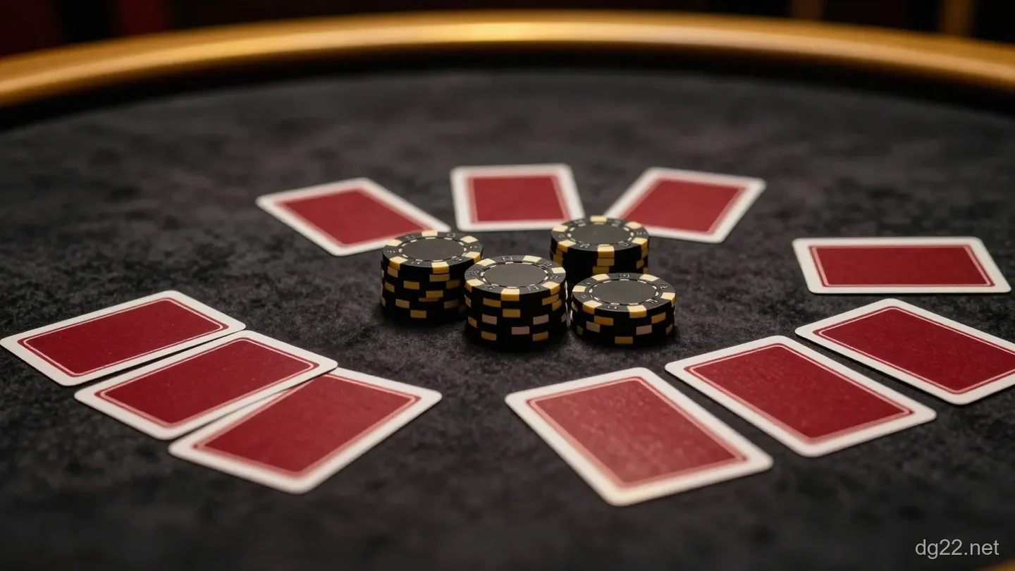 深色絨布百家樂桌面上排開的素面牌背撲克牌與黑金籌碼